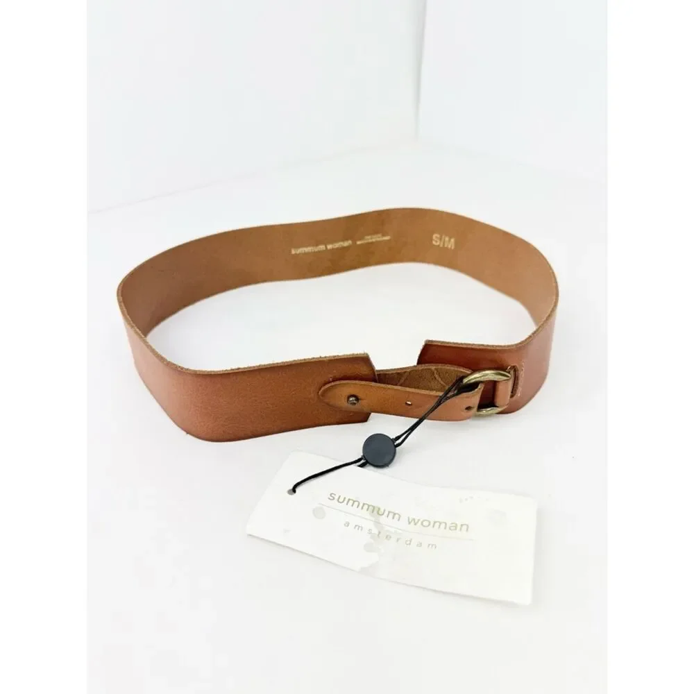 Summum Woman Brown Cow Leather Brass Metallic Loop Closure Belt NEW